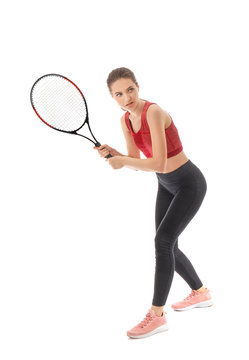 Sporty Female Tennis Player On White Background