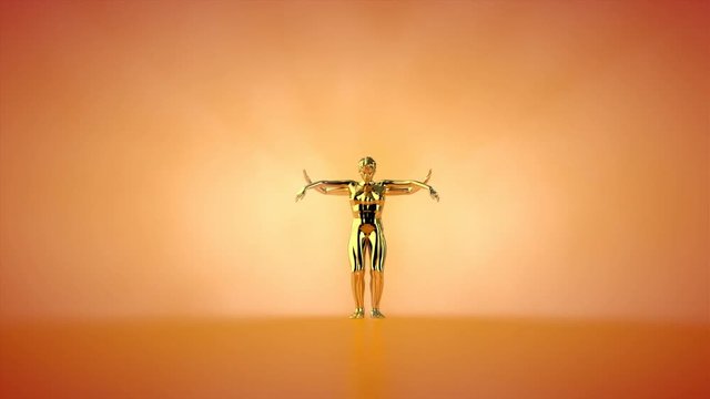 Beautiful golden woman belly dancing, hypnotical mirror moves, orange studio
