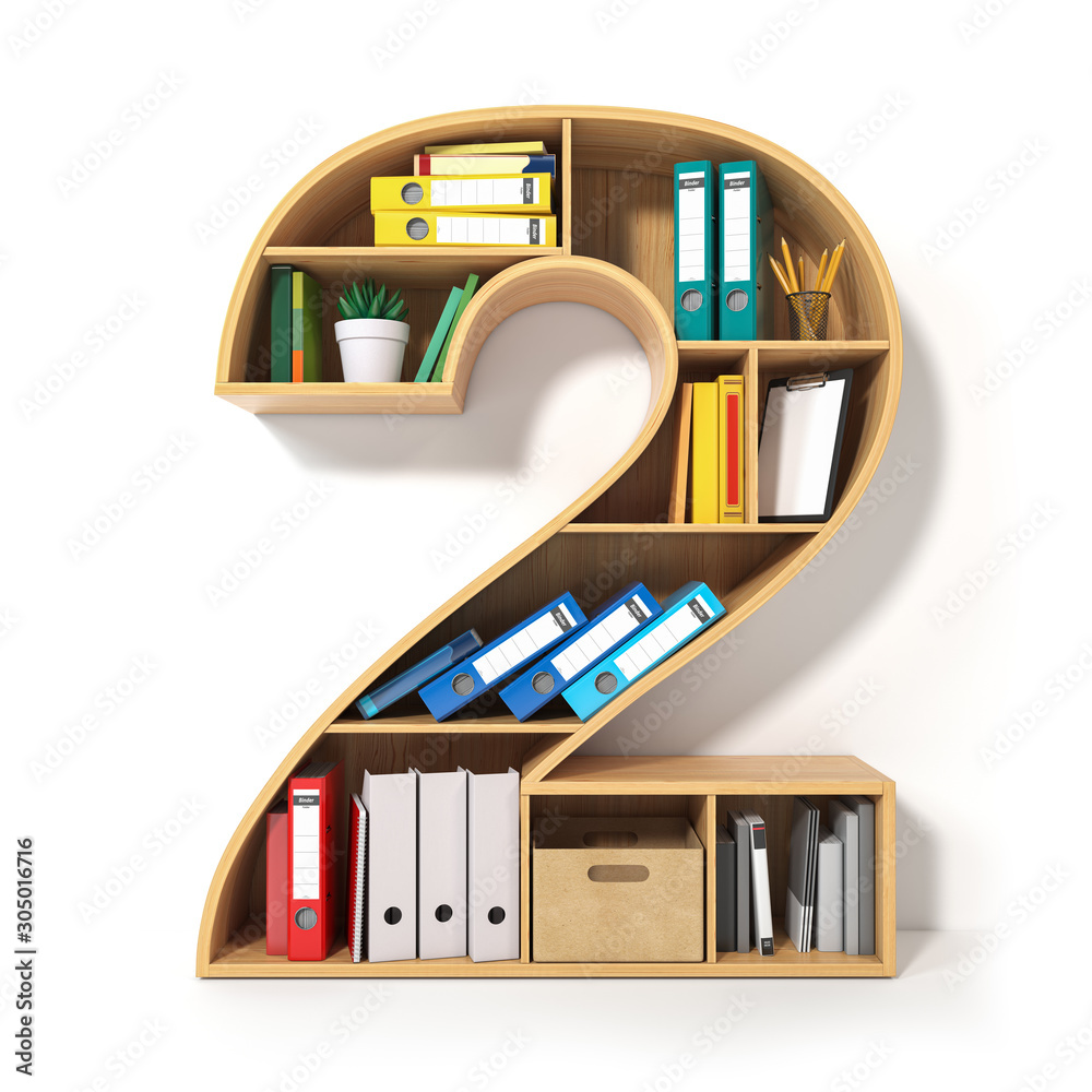 Poster Number 2. Alphabet in the form of shelves with file folder, binders and books isolated on white. Archival, stacks of documents at the office or library.