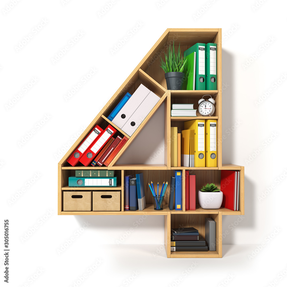 Poster number 4. alphabet in the form of shelves with file folder, binders and books isolated on white. arc