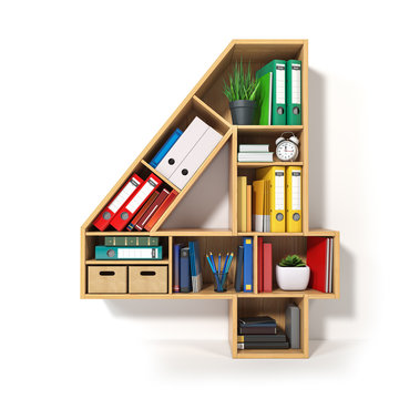 Number 4. Alphabet in the form of shelves with file folder, binders and books isolated on white. Archival, stacks of documents at the office or library.