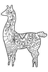 a lama with abstract ornaments, hand drawn for coloring, isolated drawing, white background, vector for coloring on a white background.