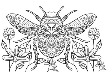 A butterfly and flowers with abstract ornaments, hand drawn for coloring, drawing isolated, white background, vector for coloring on a white background.