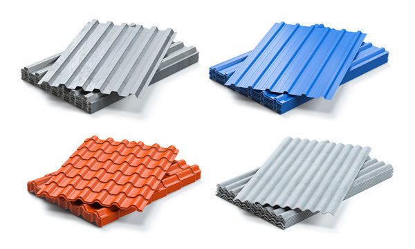 Set of different types of roof coating. Stacks of sheet metal  profiles, ceramic tile and gypsum roof isolated on white background.
