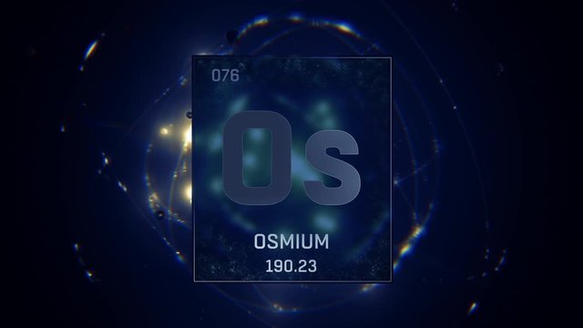 Osmium as Element 76 of the Periodic Table. Seamlessly looping 3D animation on blue illuminated atom design background with orbiting electrons. Design shows name, atomic weight and element number