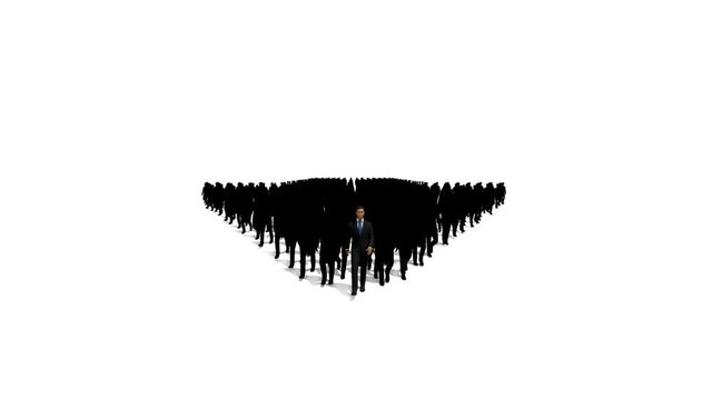 Businessmen crowd forming arrow shape pointing down, hd, against white