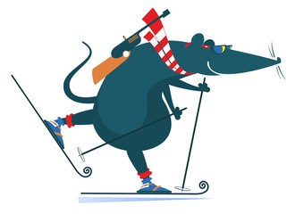 Biathlon competitor rat or mouse illustration. Biathlon competitor cartoon rat or mouse isolated on white 