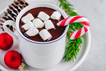 Festive Christmas Hot Chocolate with marshmallow and candy cane