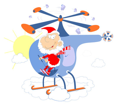 Santa Claus flies on the helicopter illustration.  Funny pilot Santa Claus flies on the helicopter isolated on white illustration