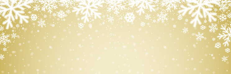 Beige christmas banner with white blurred snowflakes. Merry Christmas and Happy New Year greeting banner. Horizontal new year background, headers, posters, cards, website. Vector illustration