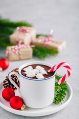 Festive Christmas Hot Chocolate with marshmallow and candy cane