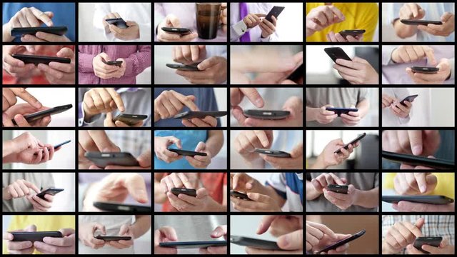 Close-up of hands holding smartphone, typing text on touch screen and using applications. A person typing message in social network and looking for information. Media wall with a lot of pictures
