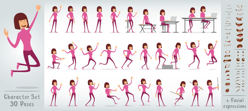 Cartoon flat cute funny happy girl character in pink clothes. 30 different poses and face expressions. Isolated on white background. Big vector icon set.