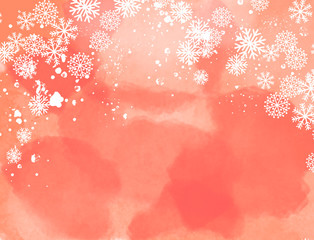 Watercolor painted abstract winter landscape in red colors with snow flakes and snow crystals. With copy space. Computer generated.