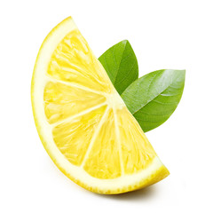 Lemon slice with leaves, isolated on white background