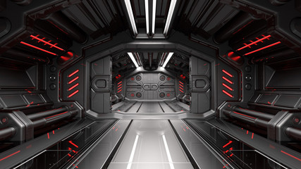 Sci-Fi space station corridor or dark metallic futuristic spaceship interior. 3d illustration