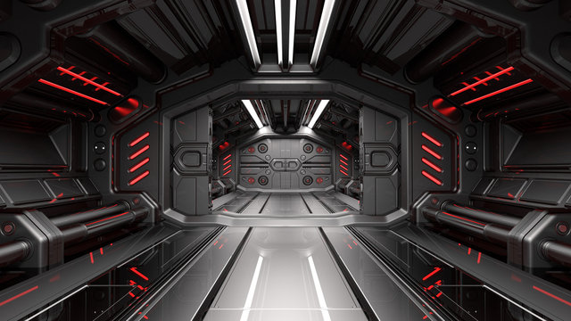 Sci-Fi space station corridor or dark metallic futuristic spaceship interior.  3d illustration Stock Illustration | Adobe Stock