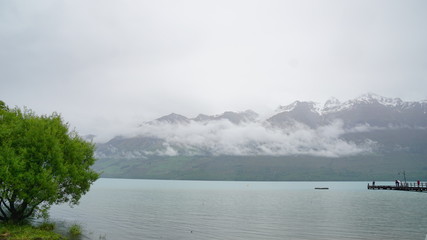 The heavy foggy and rainy weather in the spring time  in Glenorchy , New Zealand