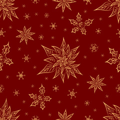 Christmas symbols from ornament elements and snowflakes vector seamless pattern. Stylized gold poinsettia, holly, anise star seamless texture.