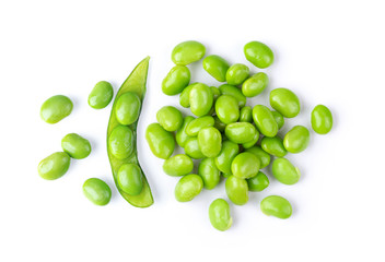 green soybeans seeds isolated on white background. top view