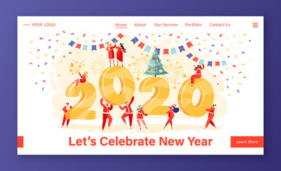 New Year celebration concept for website or landing page. Tiny People hang big numbers 2020 and decorate them, some characters are already celebrating and drinking champagne.