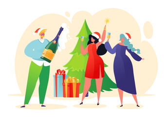 Fototapeta na wymiar Happy colleagues having fun in office. Flat cartoon, vector Illustration on New Year or Christmas celebration theme. Flat people characters at work with champagne, xmas tree and gifts on background. 