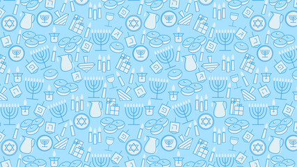 Hanukkah blue background with holiday candles, dreidels, Hebrew letters and David stars. Vector illustration for Jewish Festival of light.