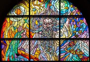 Zegiestow, Poland. 2019/8/10. Stained-glass window depicting the Creation of the World with the...