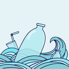 Plastic garbage, bottle, plastic conteners, straws and cutlery in the ocean. Eco problem banner. Vector illustration