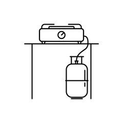 Cooking gas stove and cylinder icon. Outline thin line flat illustration. Isolated on white background. 