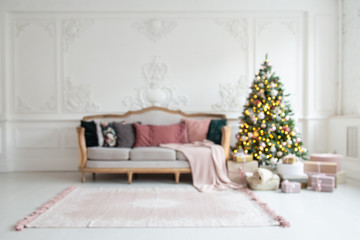 Fototapeta na wymiar Blurred photo of modern living room with Christmas tree and sofa inside