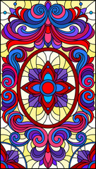 Illustration in stained glass style with abstract  swirls,flowers and leaves  on a yellow background