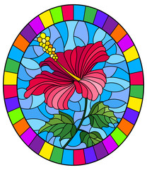 Illustration in stained glass style with flower, buds and leaves of pink hibiscus on sky background, oval image in bright frame