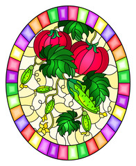 Illustration in stained glass style with vegetable composition, ripe tomatoes, cucumbers and leaves on a yellow background, oval image in bright frame