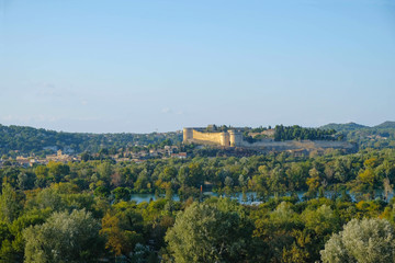 Naklejka premium Old fortress on a hill over the river Rhone at golden hour in Avignon. Provence tourism.