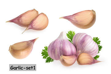 Garlic with cloves isolated on white background. set