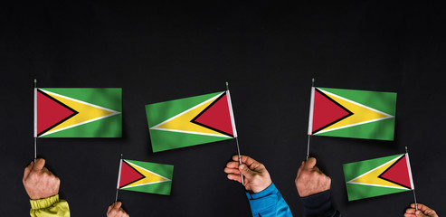 Hands holds flags of Guyana on dark background