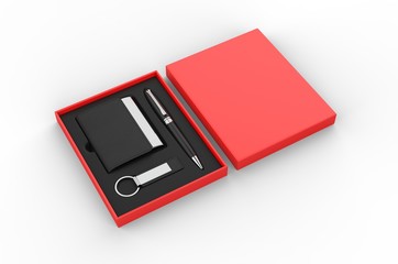 Visiting card holder, key chain and pen gift set box, 3d render illustration.