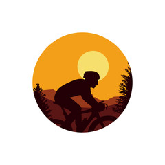 illustration riding bicycle in afternoon silhouette background sun . sign logo badge symbol tshirt poster design