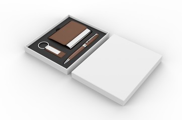 Visiting card holder, key chain and pen gift set box, 3d render illustration.