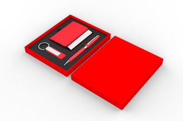 Visiting card holder, key chain and pen gift set box, 3d render illustration.
