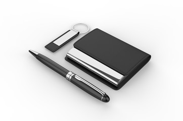 Blank pen, card holder and key chain for promotional branding. 3d render illustration.
