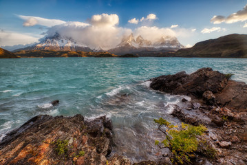 View of the Torres del Paine and Lago el Toro lake