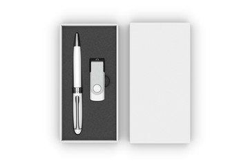 Blank pen drive and ball point pen with paper box packaging for promotional branding. 3d render illustration.