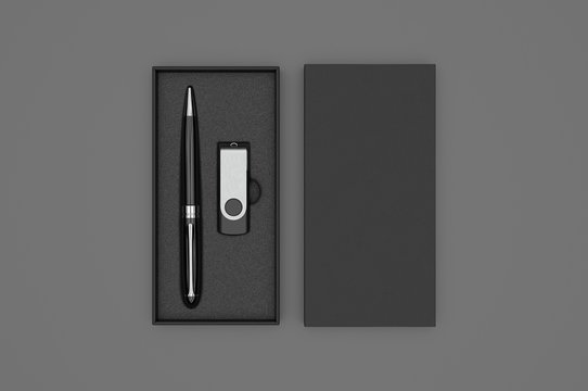 Blank pen drive and ball point pen with paper box packaging for promotional branding. 3d render illustration.