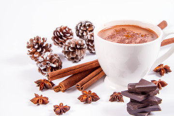Cup of hot chocolate with cinnamon, anise stars, pieces of dark chocolate and some cones	