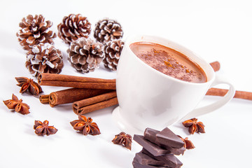 Cup of hot chocolate with cinnamon, anise stars, pieces of dark chocolate and some cones	