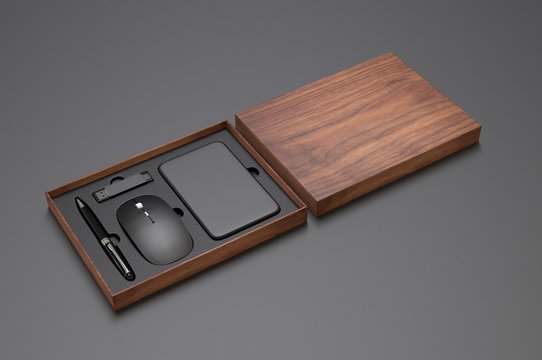 Computer mouse,pen,power bank and OTG pen drive gift set for promotional branding. 3d render illustration.