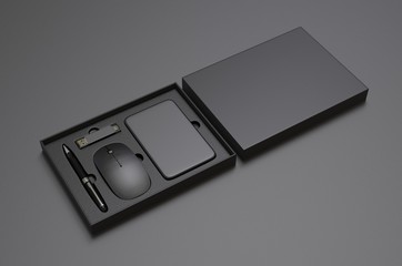 Computer mouse,pen,power bank and OTG pen drive gift set for promotional branding. 3d render illustration.