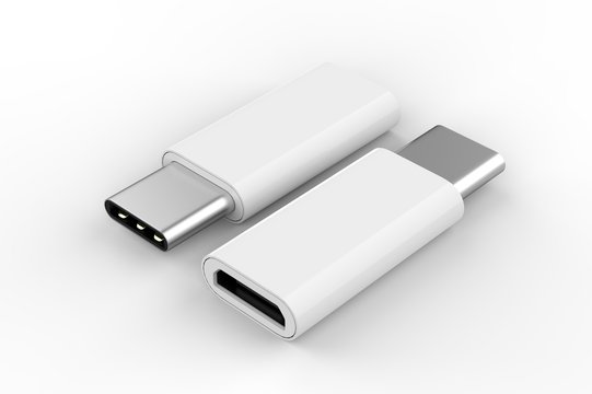 Blank Micro USB Adapter Data Charging Converter Cable Connector Android to USB Type C For Branding. 3d render illustration.
